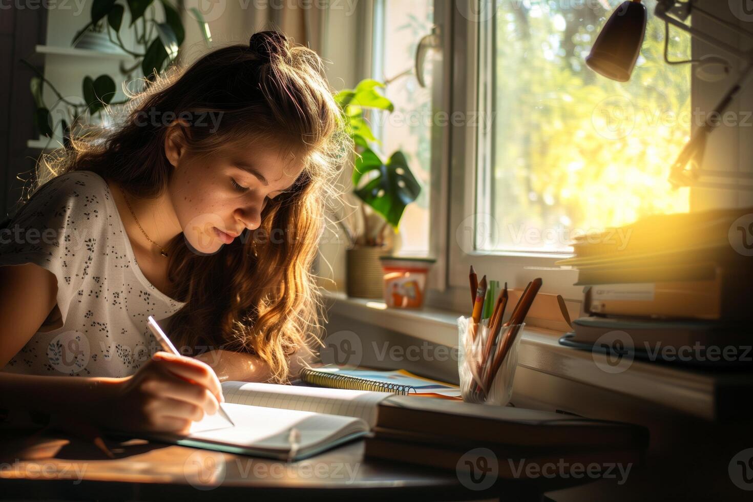Student working at a sunlit desk